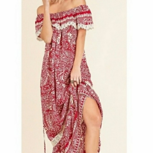 Umgee Off Shoulder Red & White Boho Maxi Dress - Picture 4 of 7
